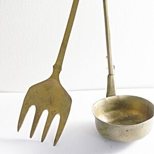Antique Brass Long Handle Ladle and Serving Fork